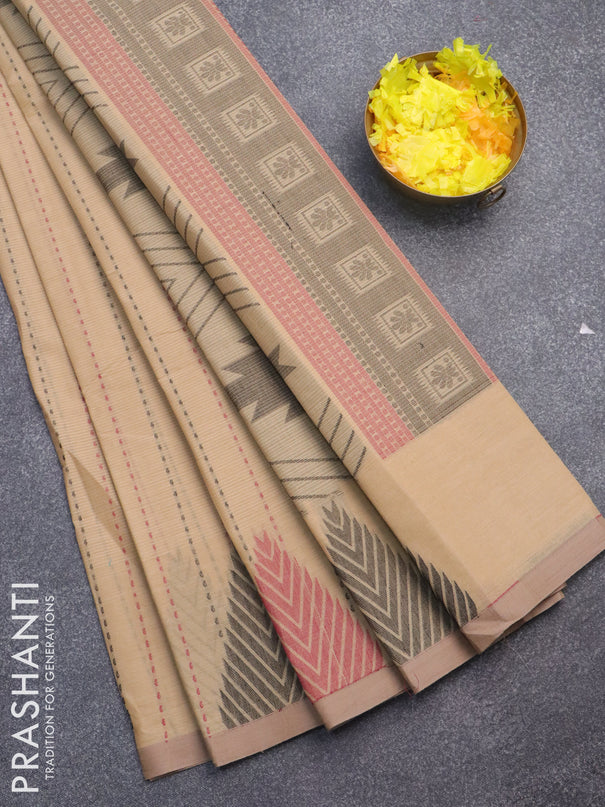 Nithyam cotton saree beige and dark sandal with allover thread weaves and simple border