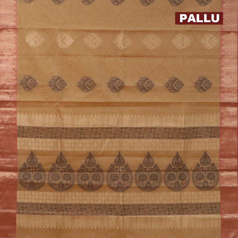 Nithyam cotton saree dark sandal and maroon with thread & zari woven buttas and zari woven border