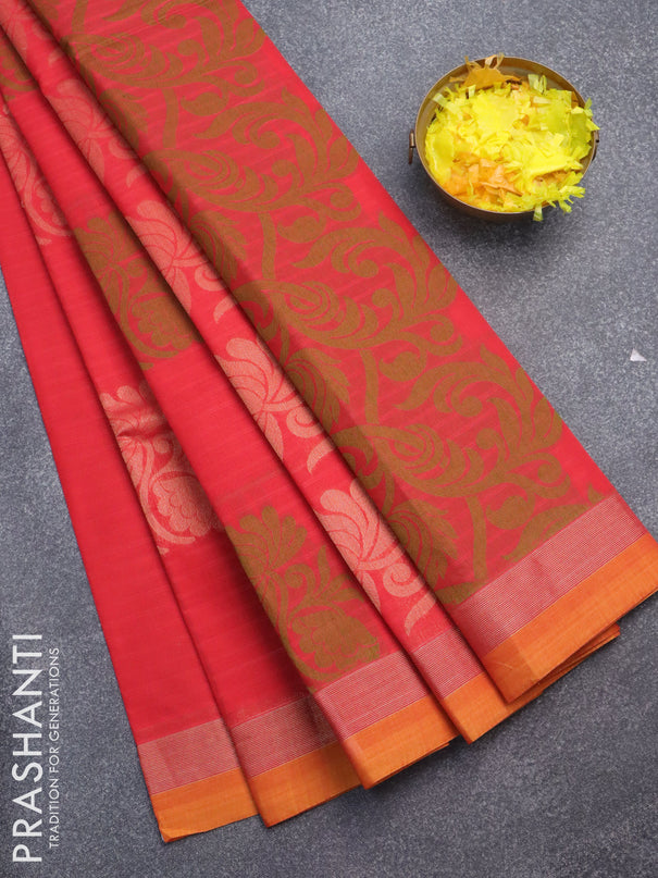 Nithyam cotton saree red and mustard shade with thread & zari woven buttas and zari woven simple border