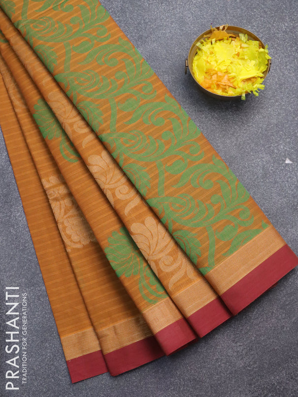 Nithyam cotton saree mustard yellow and maroon with thread & zari woven buttas and zari woven simple border