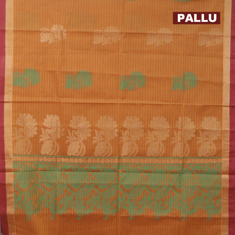 Nithyam cotton saree mustard yellow and maroon with thread & zari woven buttas and zari woven simple border