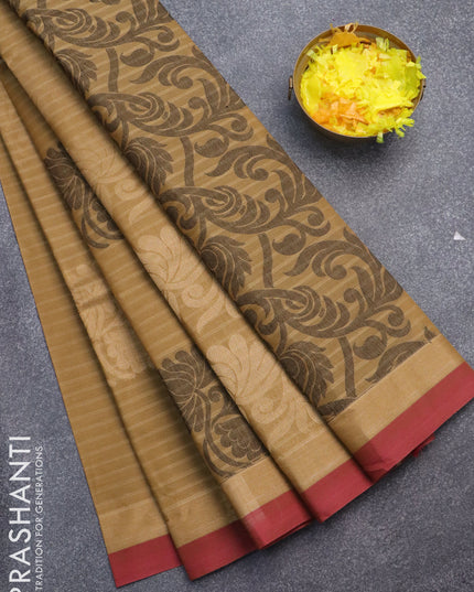 Nithyam cotton saree sandal and maroon with thread & zari woven buttas and zari woven simple border