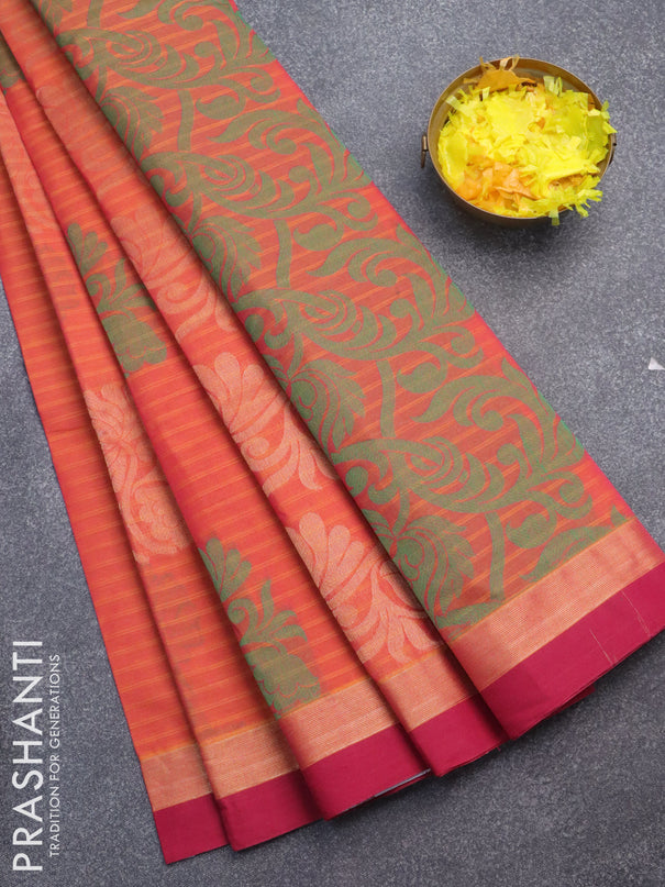 Nithyam cotton saree dual shade of pinkish orange and pink with thread & zari woven buttas and zari woven simple border