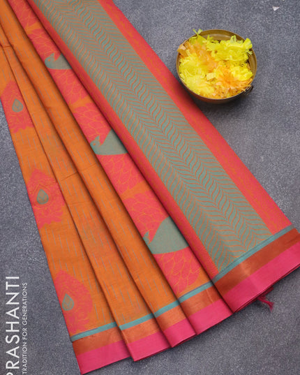 Nithyam cotton saree mustard yellow and pink with allover thread weaves and zari woven simple border