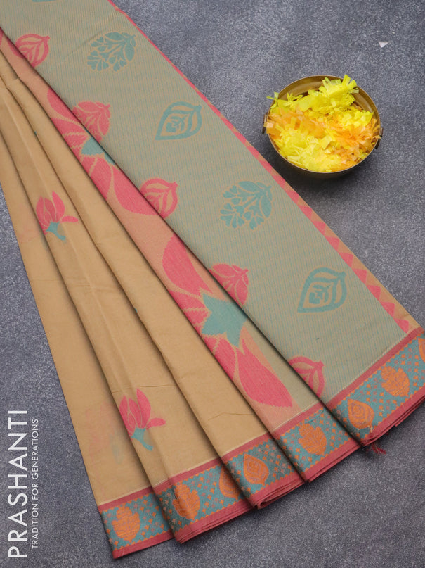Nithyam cotton saree khaki shade and maroon with thread woven floral buttas and thread woven border