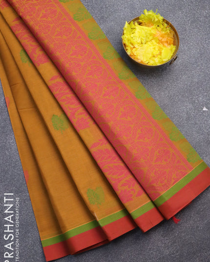 Nithyam cotton saree mustard yellow and red with thread woven buttas and simple border