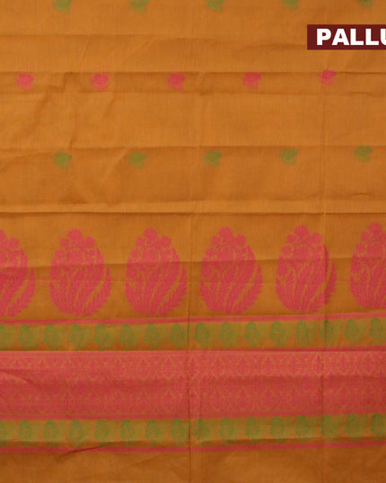Nithyam cotton saree mustard yellow and red with thread woven buttas and simple border