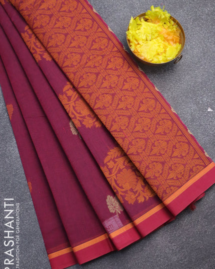 Nithyam cotton saree dark magenta pink and dark pink with thread woven buttas and simple border