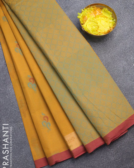 Nithyam cotton saree yellow and maroon with thread woven buttas and simple border