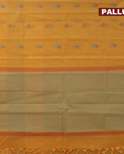 Nithyam cotton saree yellow and maroon with thread woven buttas and simple border