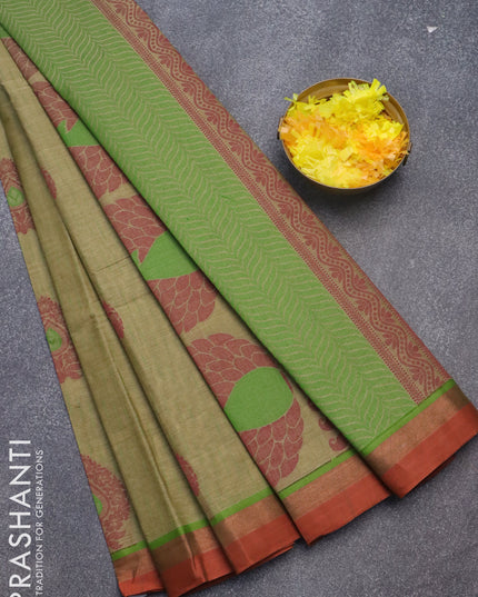 Nithyam cotton saree mehendi green and rustic orange with allover thread weaves and zari woven simple border