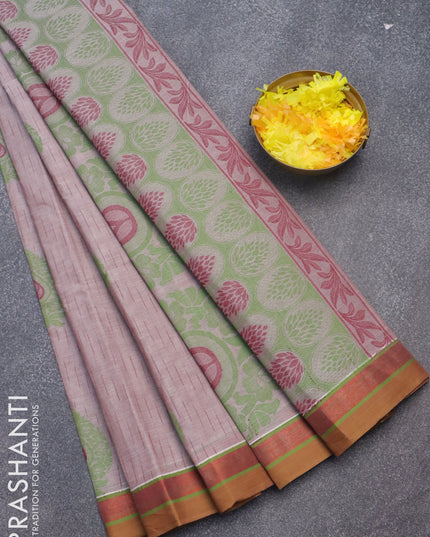 Nithyam cotton saree grey shade and dark mustard with allover thread weaves and zari woven simple border