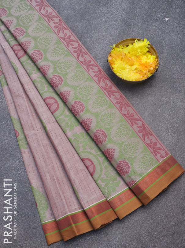 Nithyam cotton saree grey shade and dark mustard with allover thread weaves and zari woven simple border