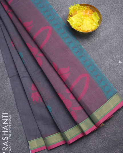 Nithyam cotton saree grey and pink with thread woven floral buttas and zari woven border
