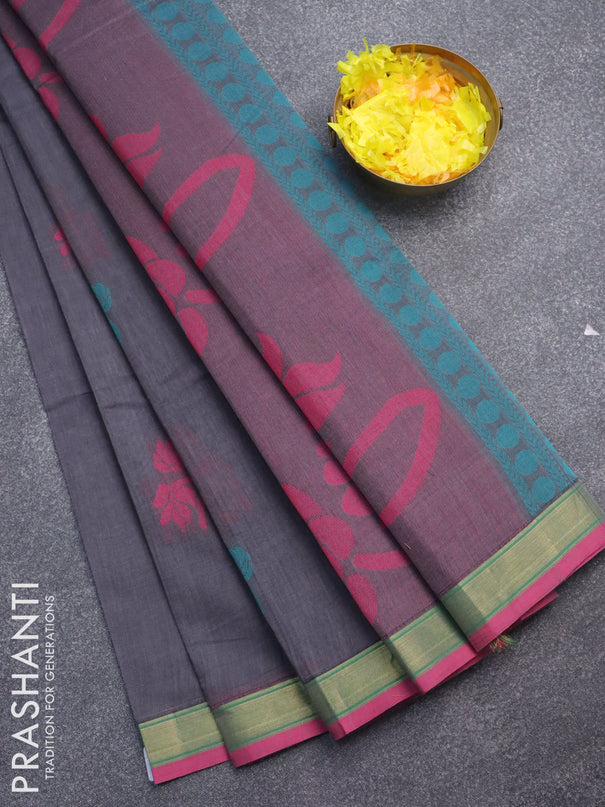 Nithyam cotton saree grey and pink with thread woven floral buttas and zari woven border