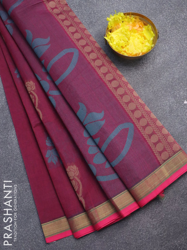 Nithyam cotton saree dark magenta and pink with thread woven floral buttas and zari woven border