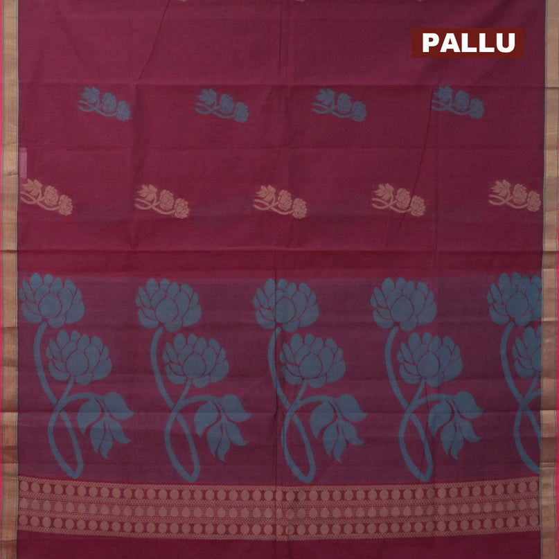 Nithyam cotton saree dark magenta and pink with thread woven floral buttas and zari woven border