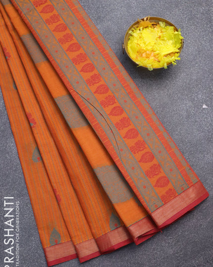 Nithyam cotton saree orange and maroon with allover thread weaves and zari woven border