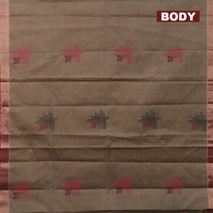 Nithyam cotton saree grey shade and maroon with thread woven buttas and zari woven border