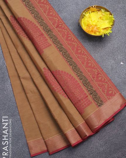Nithyam cotton saree dark sandal and maroon with thread woven buttas and zari woven border
