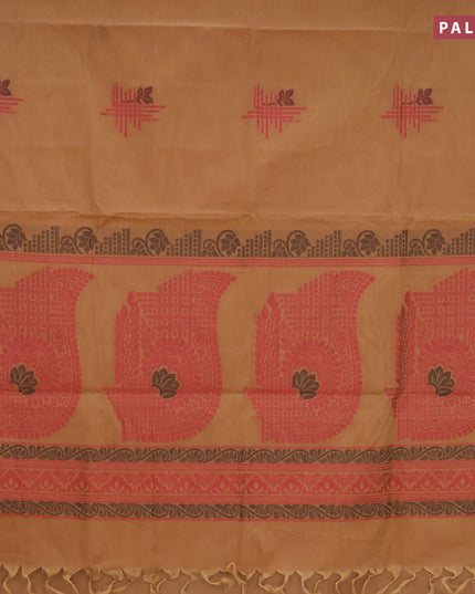 Nithyam cotton saree dark sandal and maroon with thread woven buttas and zari woven border