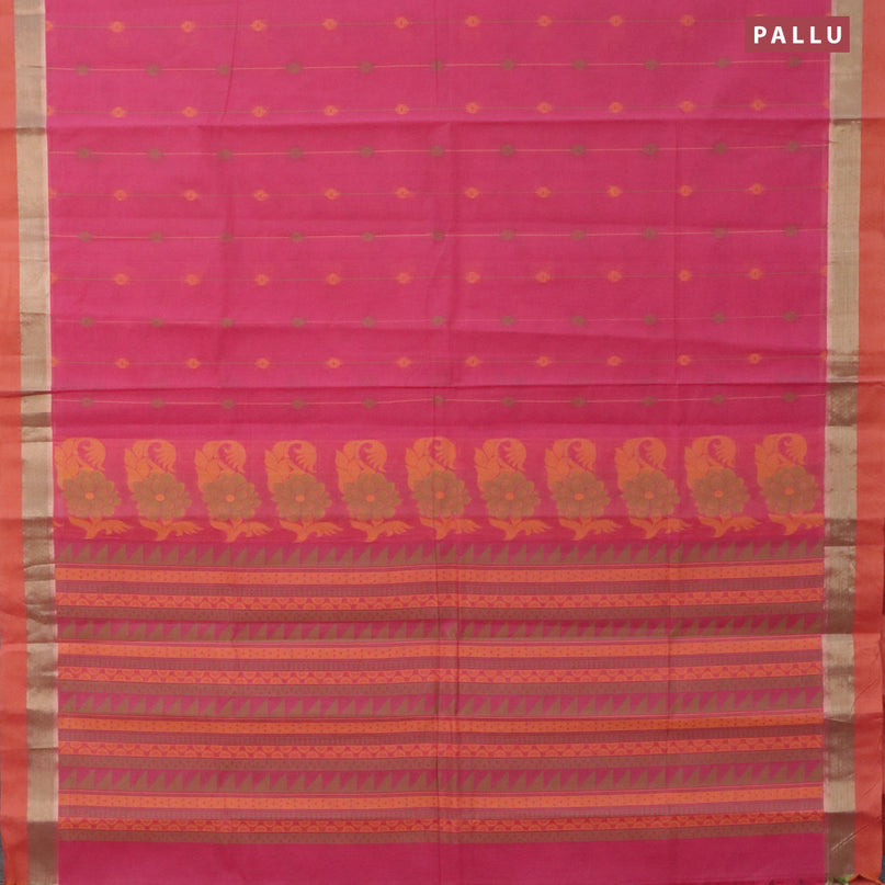 Nithyam cotton saree pink and rustic orange with allover thread weaves and zari woven simple border