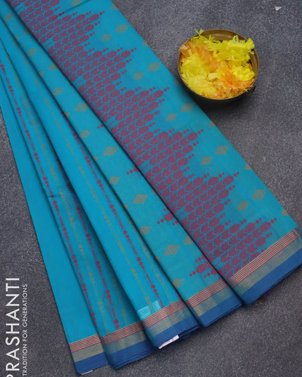 Nithyam cotton saree teal blue and blue with allover thread weaves & buttas and zari woven simple border