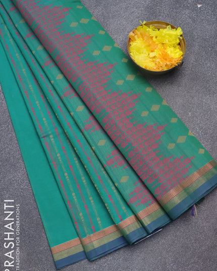 Nithyam cotton saree teal green and dual shade of blue with allover thread weaves & buttas and zari woven simple border