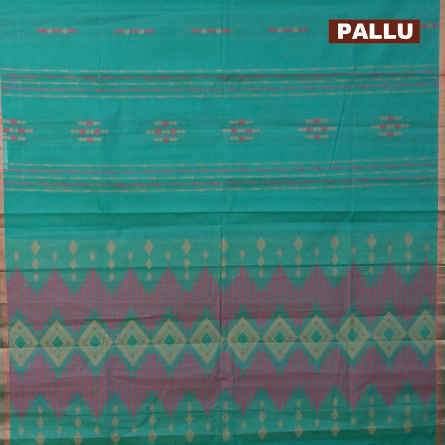 Nithyam cotton saree teal green and dual shade of blue with allover thread weaves & buttas and zari woven simple border