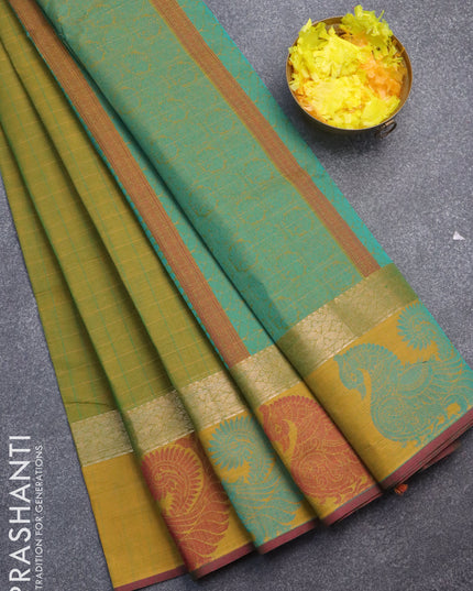 Nithyam cotton saree dual shade of greenish yellow with allover thread checked pattern & butta and zari woven thread butta border