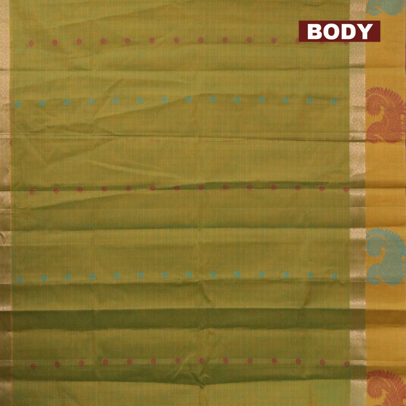 Nithyam cotton saree dual shade of greenish yellow with allover thread checked pattern & butta and zari woven thread butta border