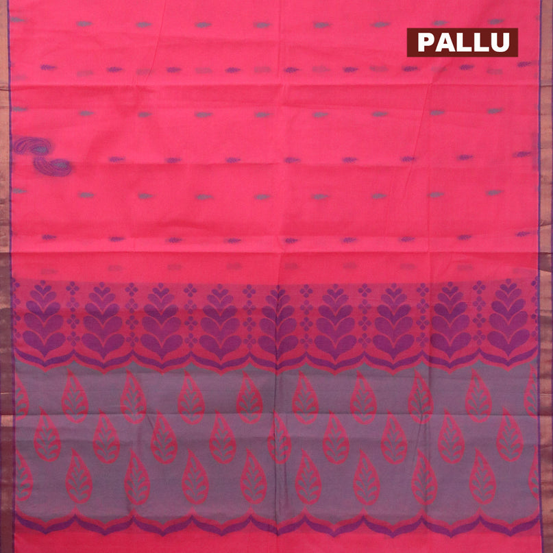 Nithyam cotton saree candy pink and blue with thread woven buttas and zari woven border