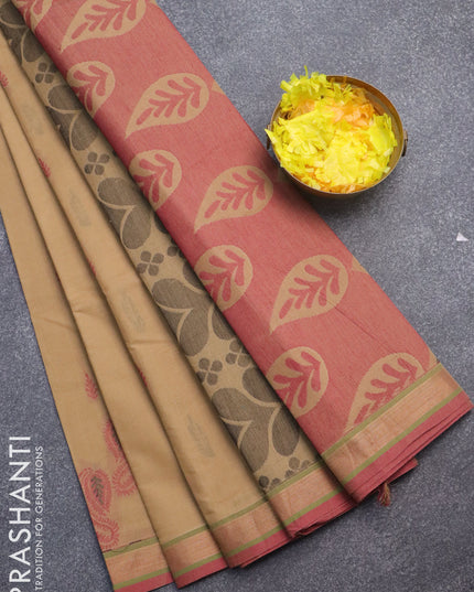 Nithyam cotton saree yellow and maroon with thread woven buttas and zari woven border
