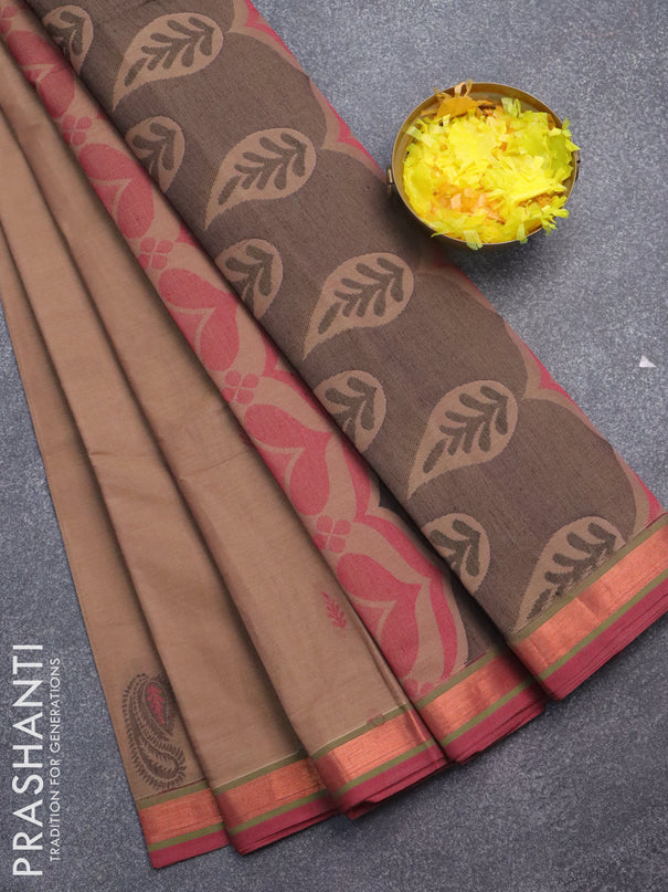 Nithyam cotton saree pastel brown and maroon with thread woven buttas and zari woven border