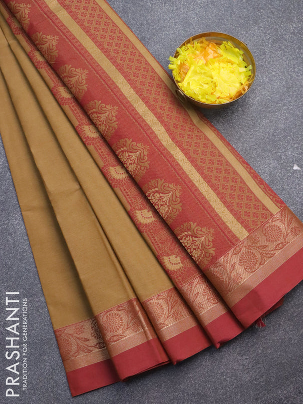 Nithyam cotton saree sandal and maroon with thread woven buttas and zari woven simple border
