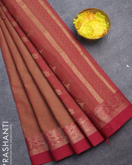 Nithyam cotton saree beige and maroon with thread woven buttas and zari woven simple border