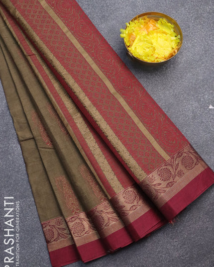 Nithyam cotton saree grey shade and maroon with thread woven buttas and zari woven simple border