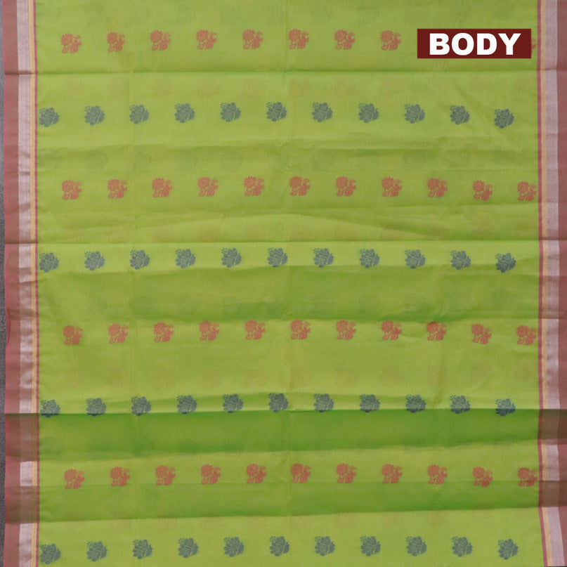 Nithyam cotton saree light green and pink shade with allover thread woven buttas and zari woven simple border