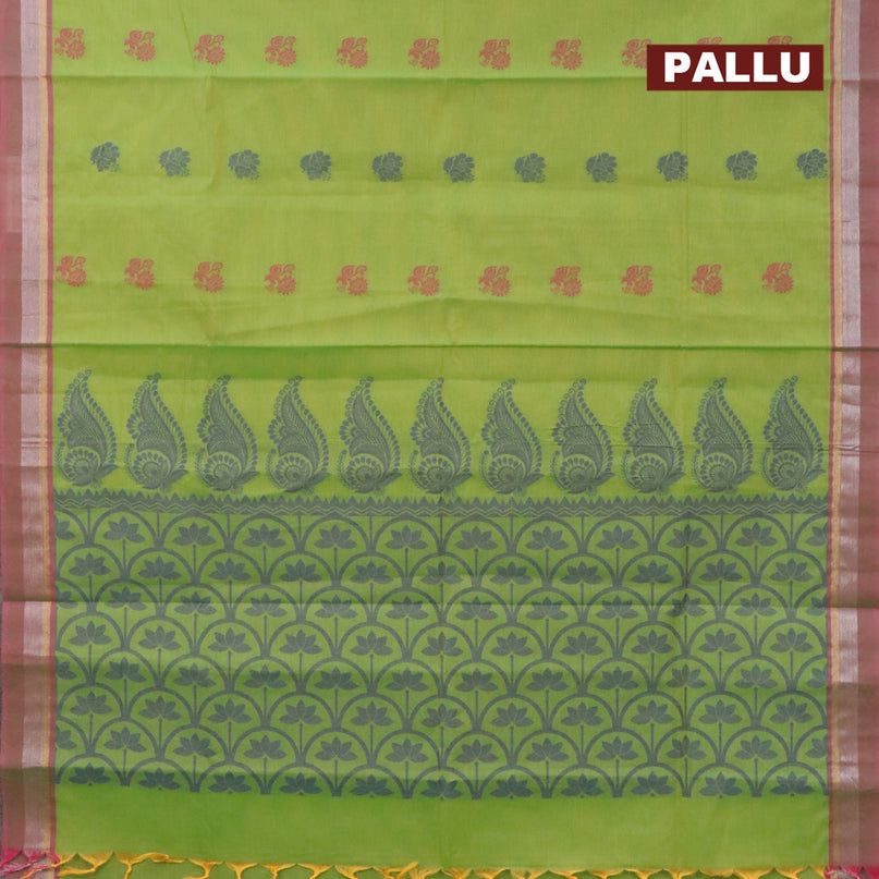 Nithyam cotton saree light green and pink shade with allover thread woven buttas and zari woven simple border