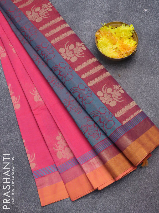 Nithyam cotton saree pink and sunset orange with thread woven buttas and zari woven simple border
