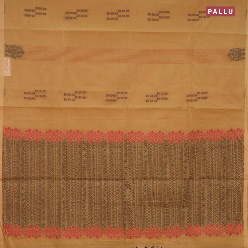 Nithyam cotton saree khaki shade with thread stripes pattern & buttas and simple border