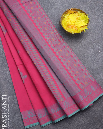 Nithyam cotton saree pink and blue with allover thread woven buttas and thread woven border