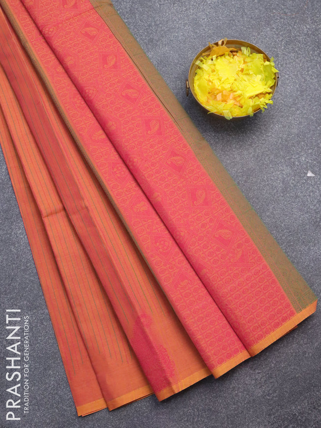 Nithyam cotton saree dual shade of pinkish yellow with allover stripes pattern & thread buttas and piping border