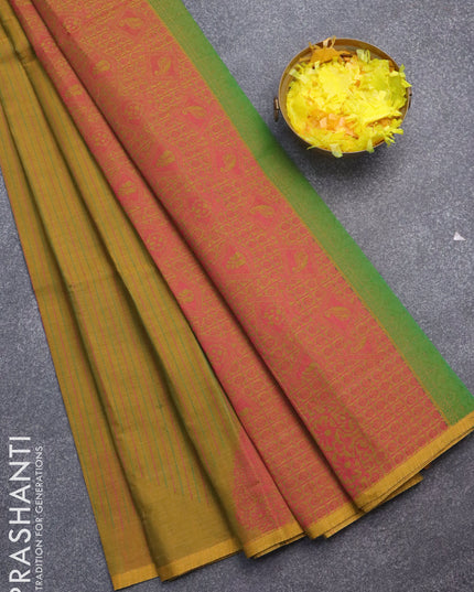 Nithyam cotton saree dual shade of mustard yellow with allover stripes pattern & thread buttas and piping border