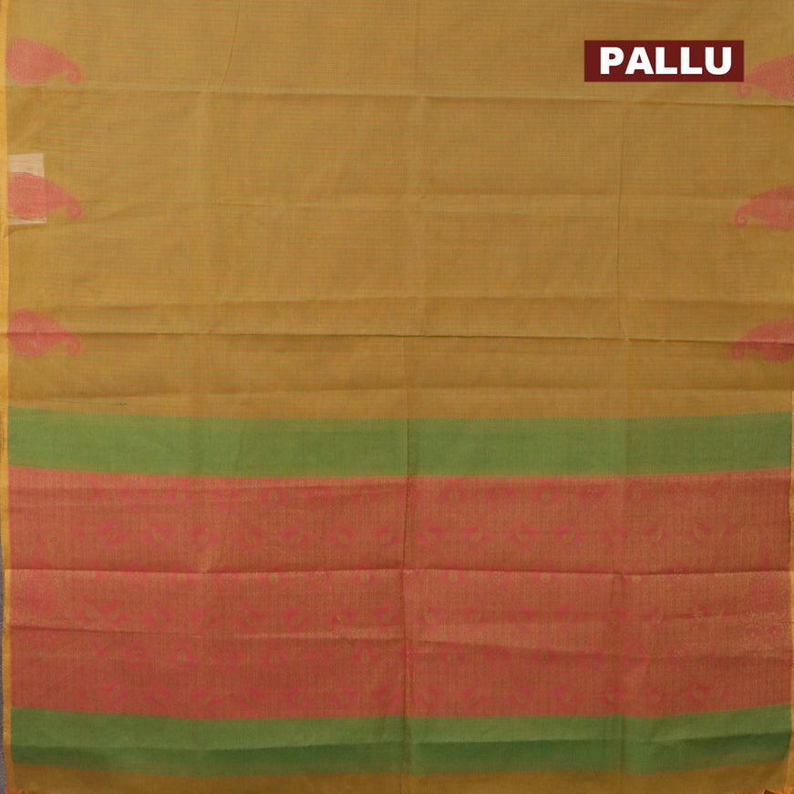 Nithyam cotton saree dual shade of mustard yellow with allover stripes pattern & thread buttas and piping border
