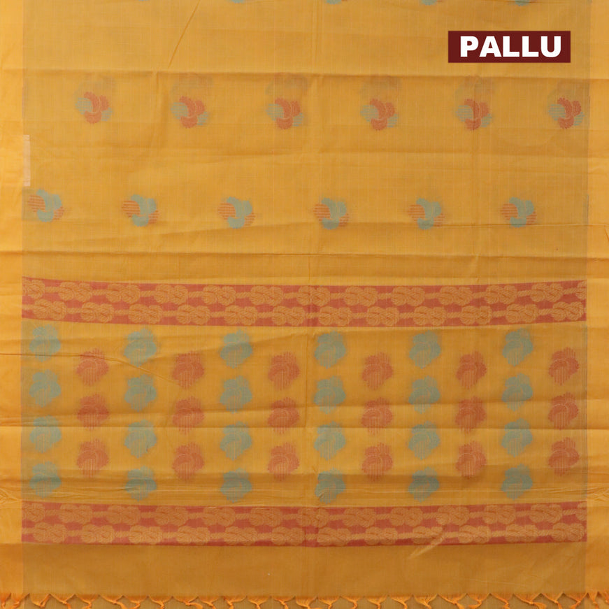 Nithyam cotton saree mustrad yellow with allover stripes pattern & thread woven buttas and simple border