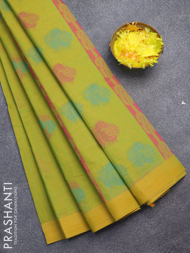 Nithyam cotton saree dual shade of greenish yellow and yellow with allover stripes pattern & thread woven buttas and simple border