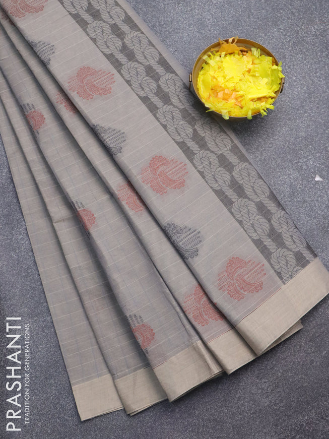 Nithyam cotton saree dual shade of grey with allover stripes pattern & thread woven buttas and simple border