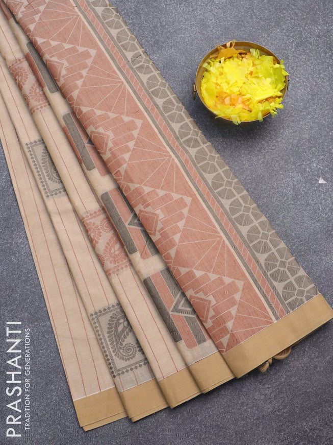 Nithyam cotton saree beige and sandal with allover thread stripes pattern & box type buttas and simple border
