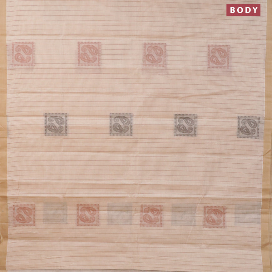 Nithyam cotton saree beige and sandal with allover thread stripes pattern & box type buttas and simple border